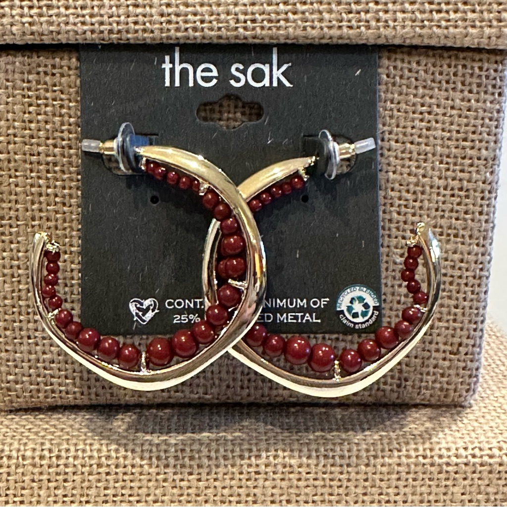 Nwt The Sak Boho Earrings Matte Gold Tone Hoops W/ Cranberry Beads